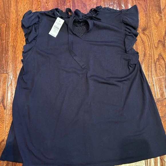 LOFT cotton tie back keyhole Navy Eyelet ruffled collar soft babydoll Blouse NWT - Picture 3 of 4